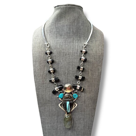 Hemerson Brown Navajo Sterling Scarab Necklace 14k Turquoise Labradorite 18in - Picture 14 of 14